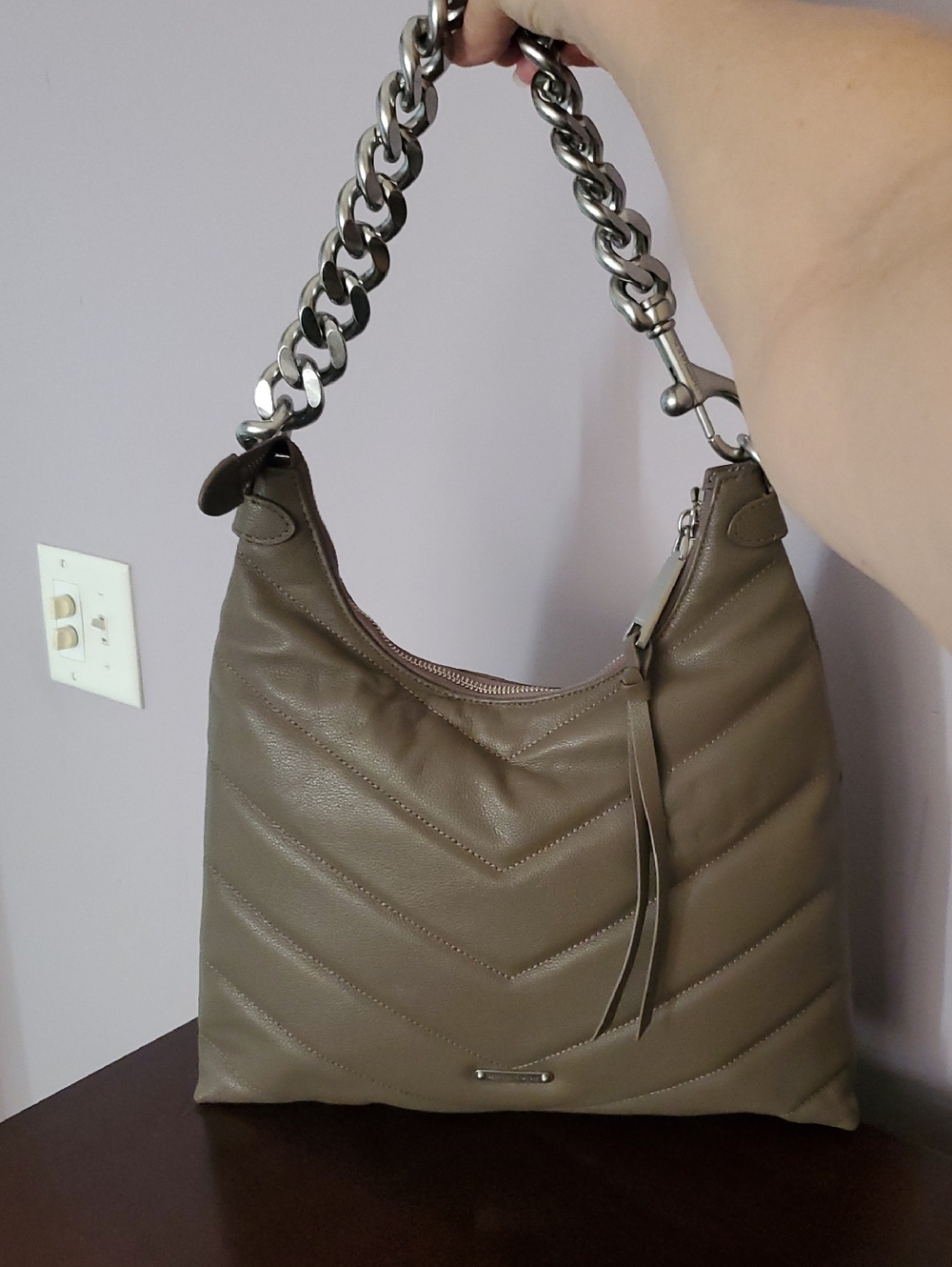 Rebecca Minkoff Edie Maxi Taupe Quilted Shoulder Bag with Silver Chain Strap